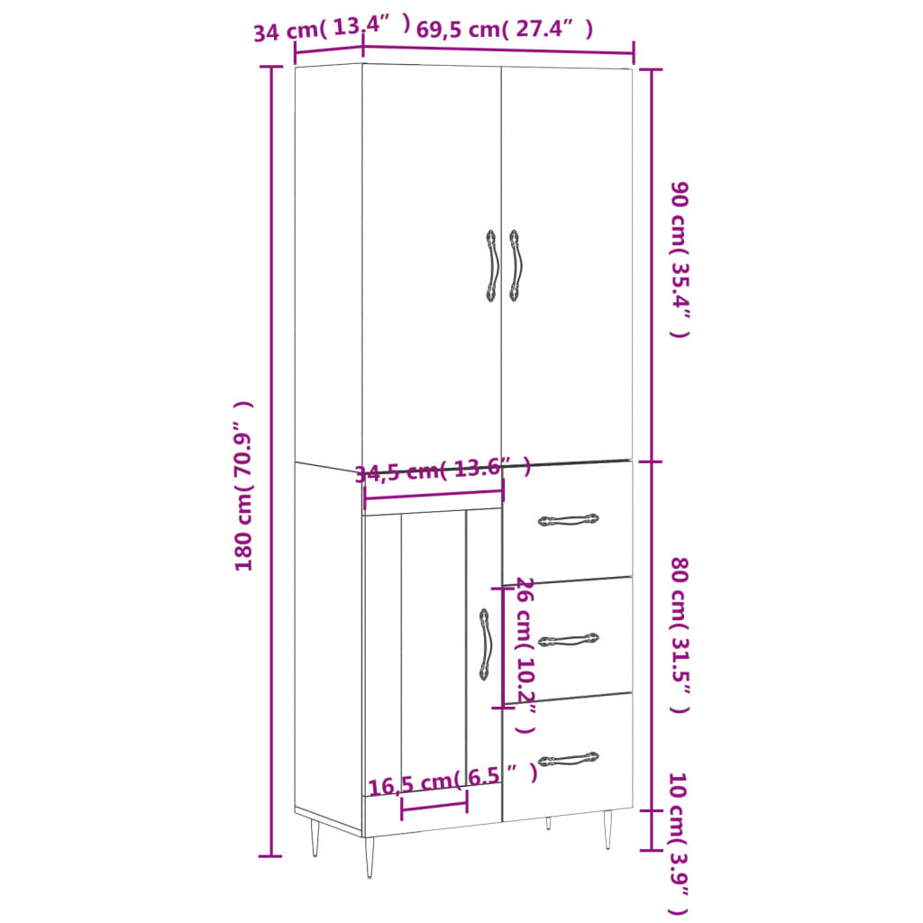 vidaXL Visoka omara bela 69,5x34x180 cm inženirski les