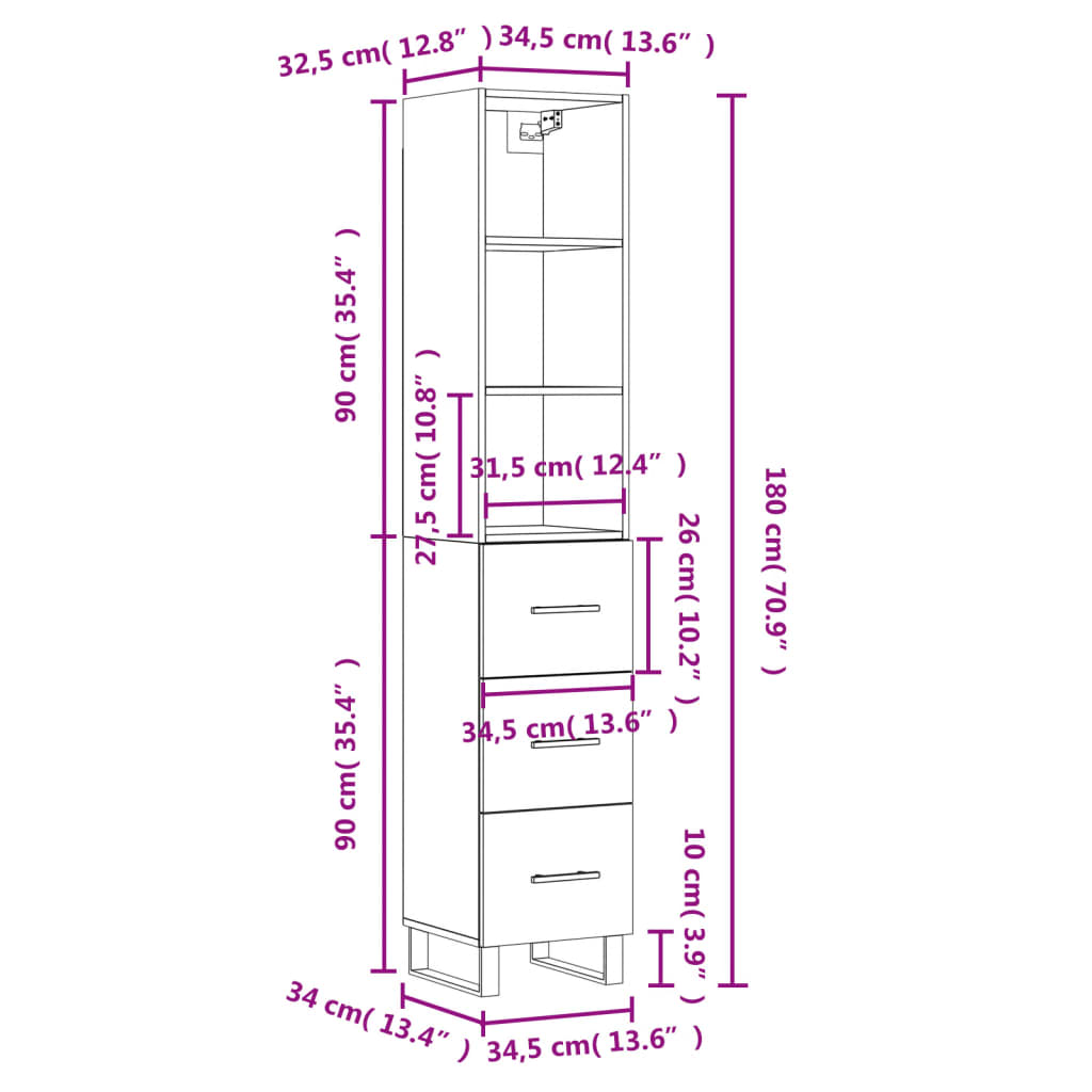 vidaXL Visoka omara siva sonoma 34,5x34x180 cm inženirski les