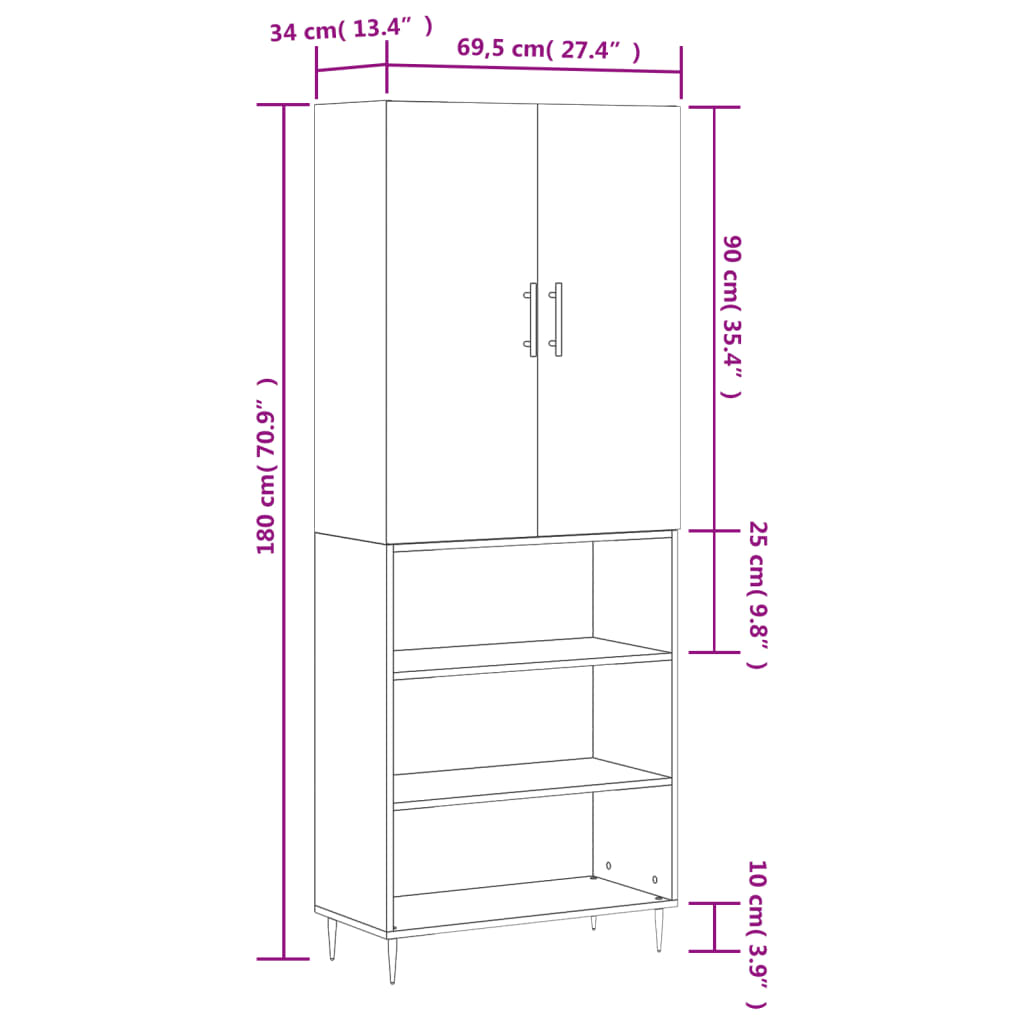 vidaXL Visoka komoda siva sonoma 69,5x34x180 cm inženirski les