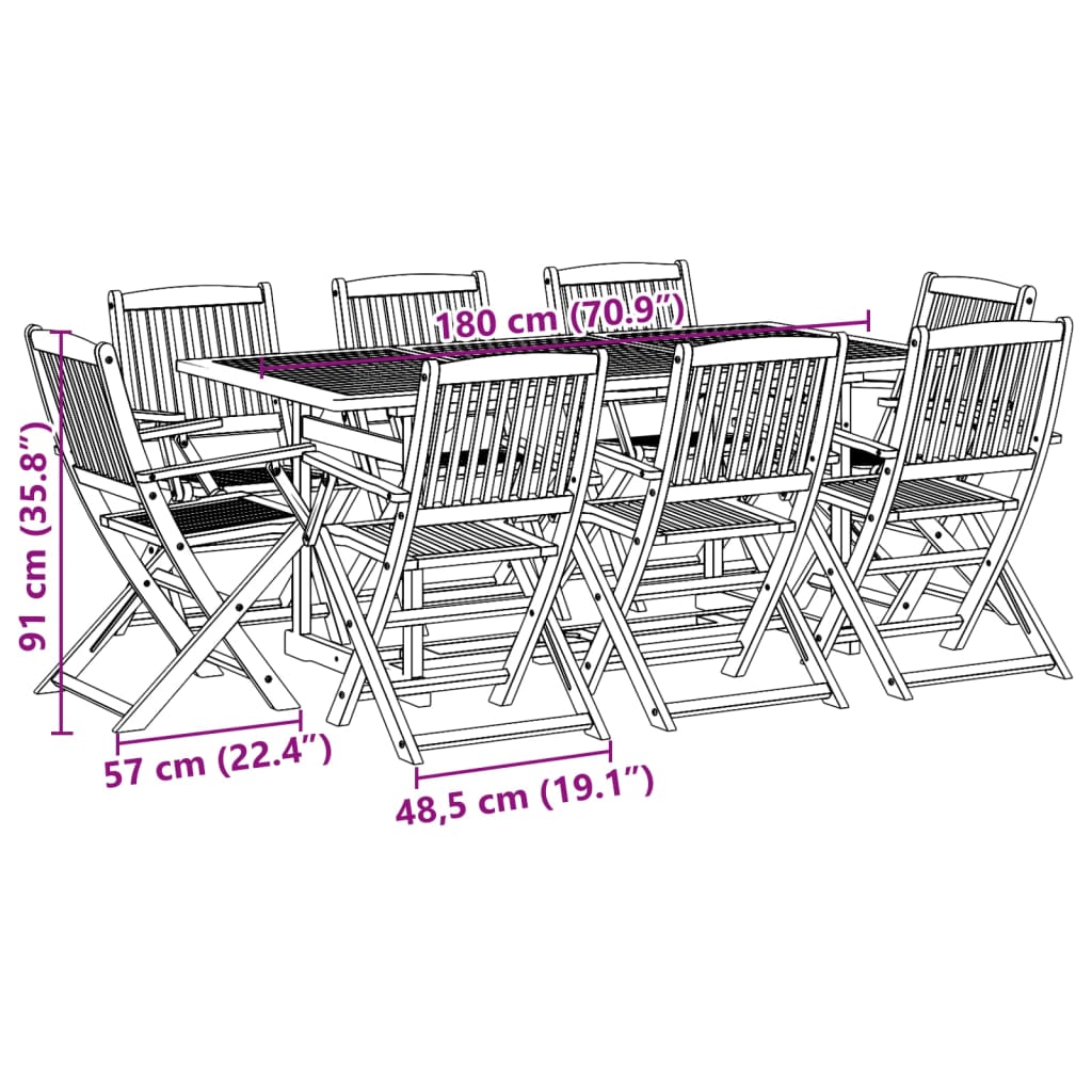 vidaXL Vrtna jedilna garnitura 9-delna 180x90x75 cm trden akacijev les