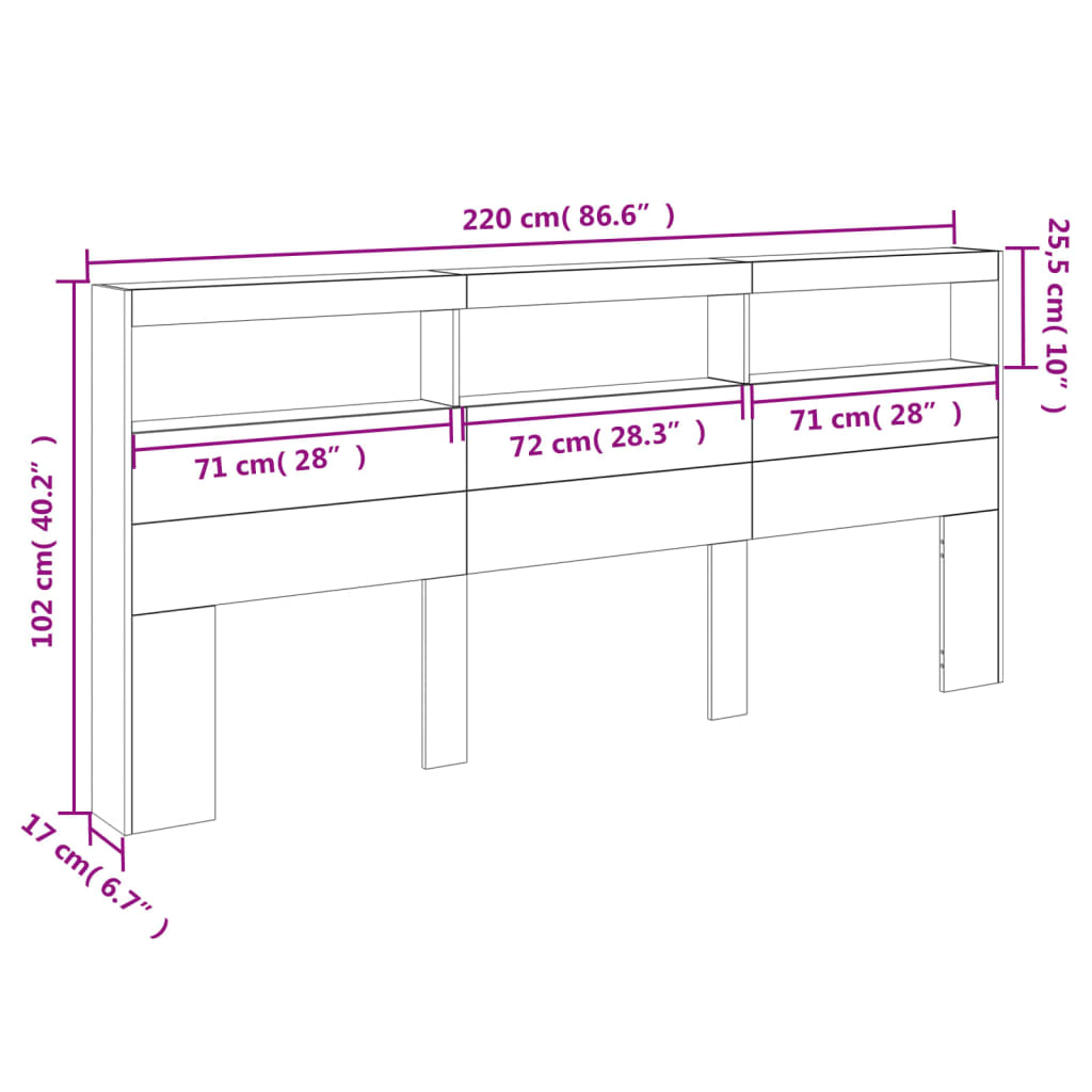 vidaXL Omarica za vzglavje postelje LED betonsko siva 220x17x102 cm