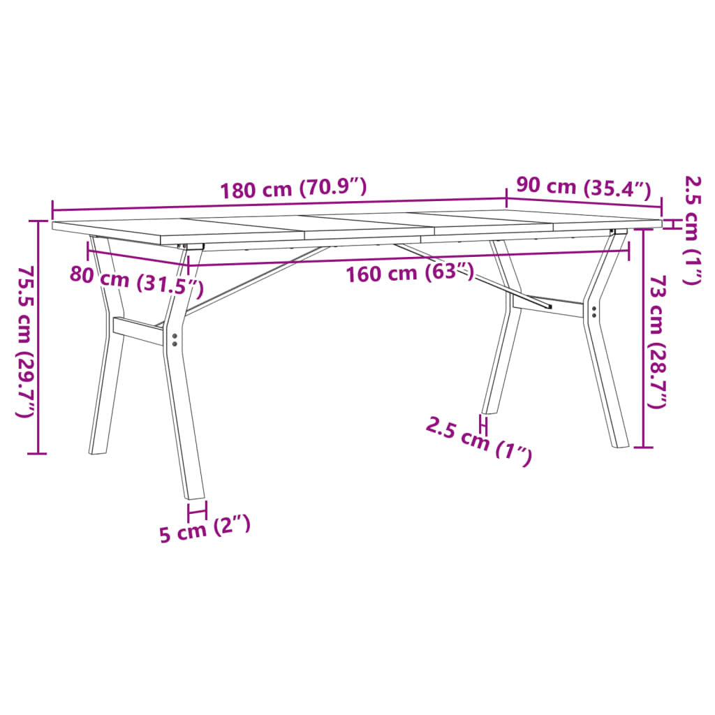 vidaXL Jedilna miza Y okvir 180x90x75,5 cm trdna borovina lito železo