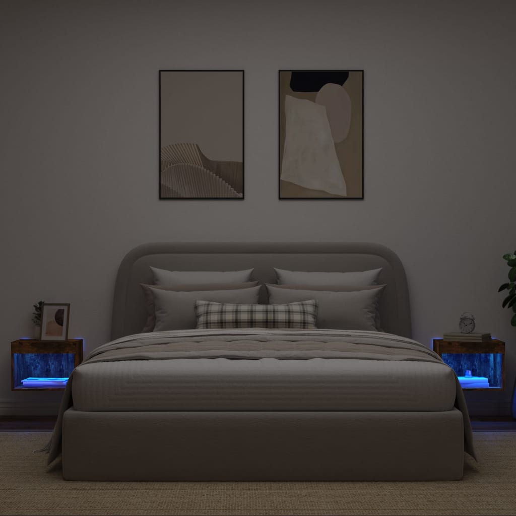 vidaXL Nočne omarice z LED lučkami stenske 2 kosa dimljena hrastovina
