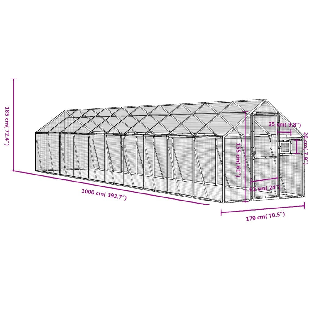 vidaXL Ptičnica srebrna 1,79x10x1,85 m aluminij