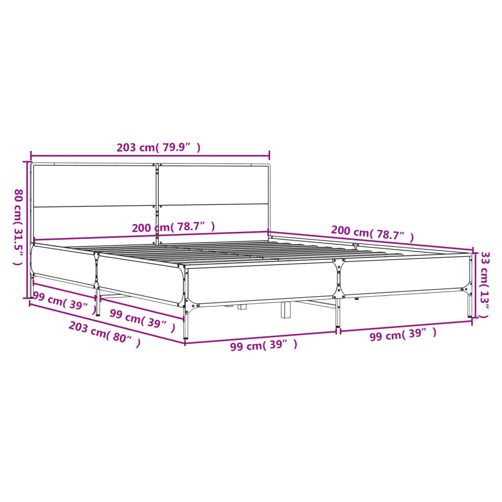 vidaXL Posteljni okvir siva sonoma 200x200 cm inž. les in kovina