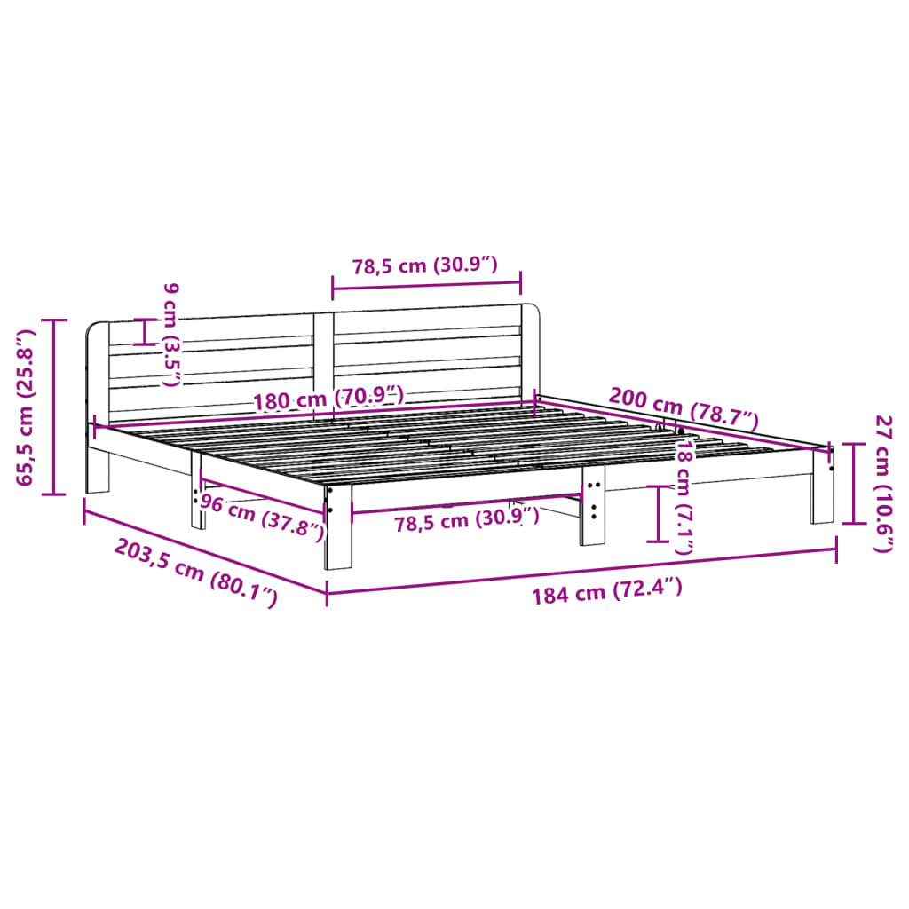 vidaXL Posteljni okvir brez vzmetnice bel 180x200 cm trdna borovina