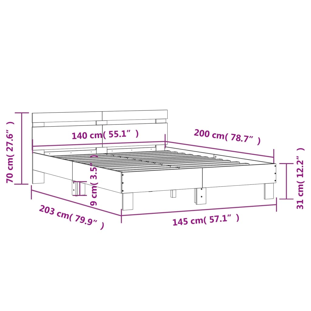 vidaXL Posteljni okvir z vzglavjem betonsko siv 140x200 cm inž. les