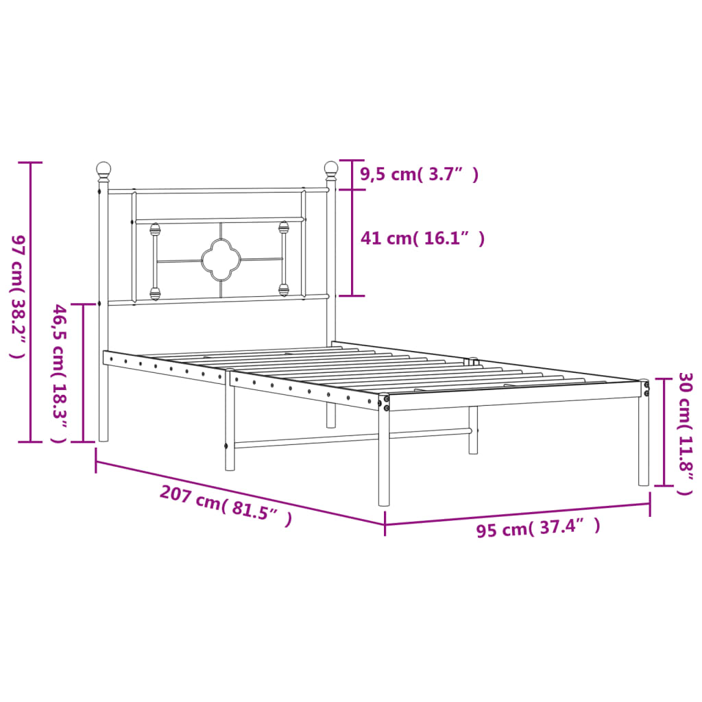 vidaXL Kovinski posteljni okvir z vzglavjem črn 90x200 cm