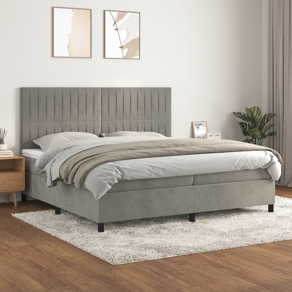 vidaXL Box spring postelja z vzmetnico svetlo siva 200x200 cm žamet