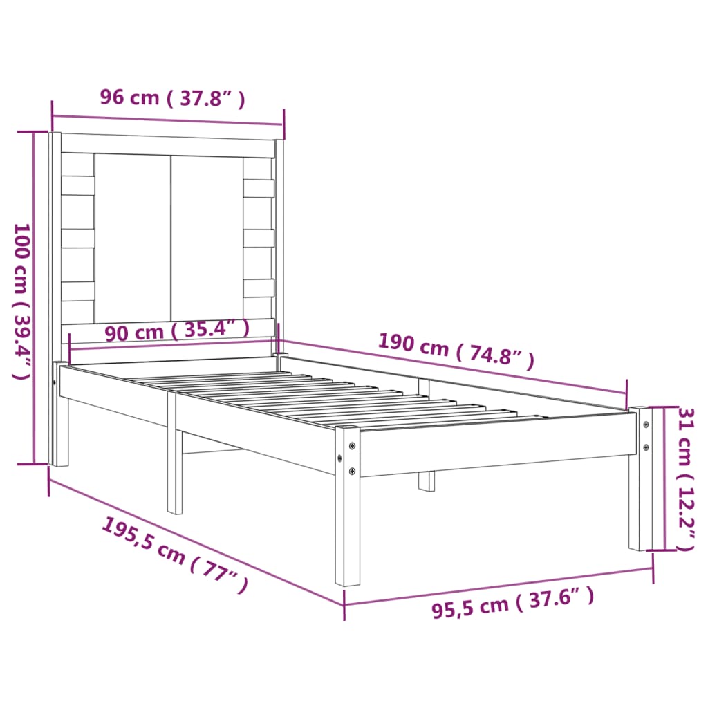 vidaXL Posteljni okvir bel iz trdnega lesa 90x190 cm