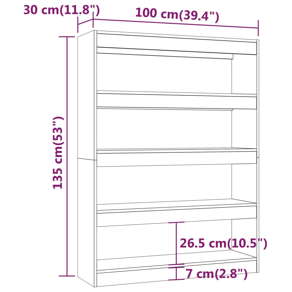 vidaXL Knjižna omara/pregrada siva sonoma 100x30x135 cm