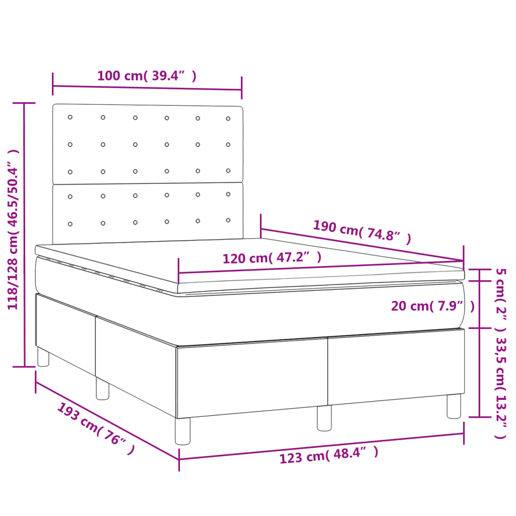 vidaXL Box spring postelja z vzmetnico LED sv. siva 120x190 cm blago