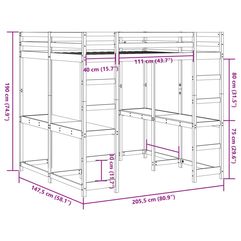 vidaXL Posteljni okvir z mizo in lestvijo rjav 140x200 cm borovina