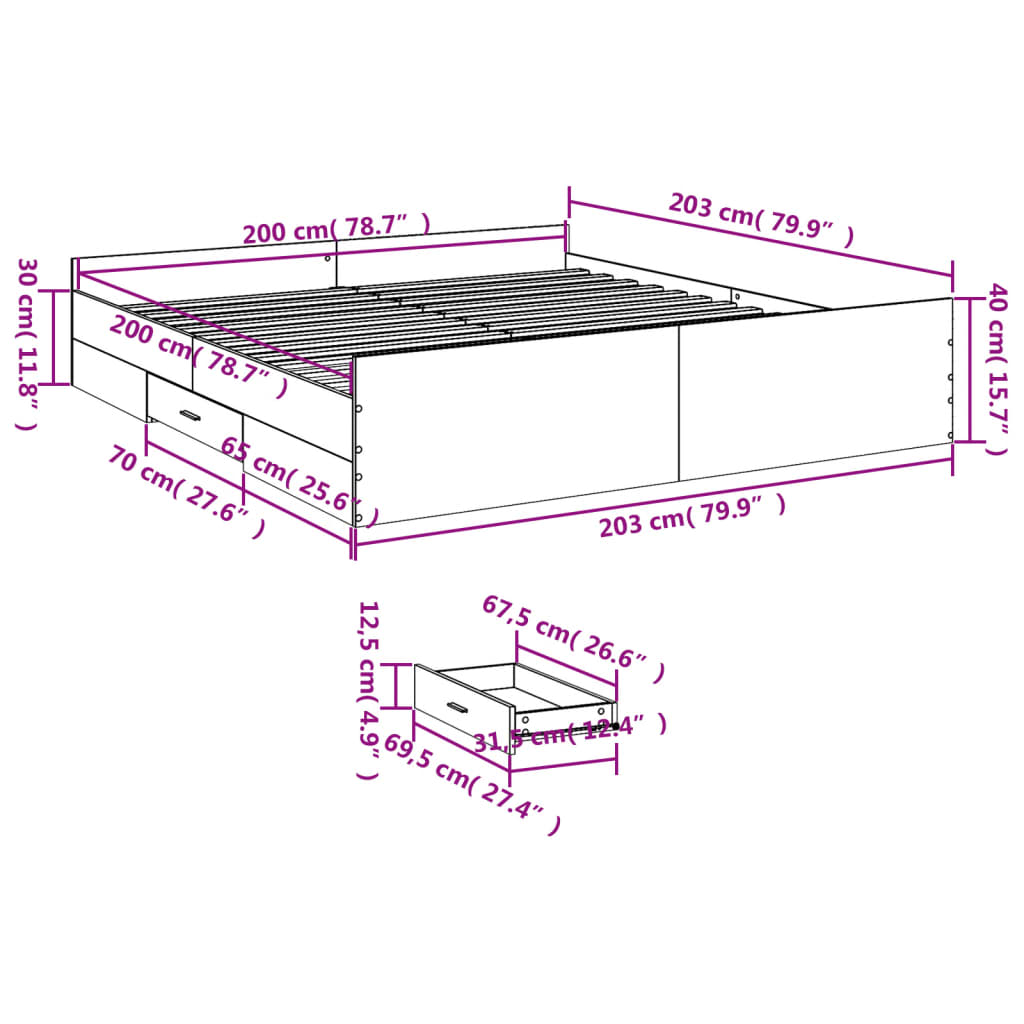 vidaXL Posteljni okvir s predali betonsko siv 200x200cm inženirski les