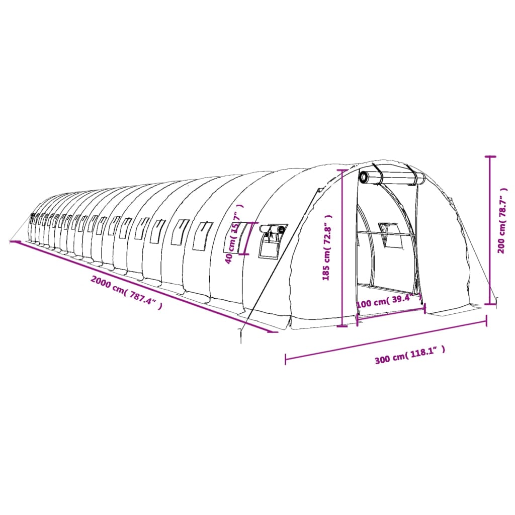 vidaXL Rastlinjak z jeklenim okvirjem bel 60 m² 20x3x2 m