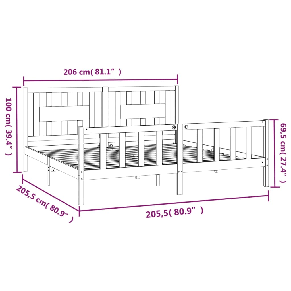 vidaXL Posteljni okvir z vzglavjem siv trdna borovina 200x200 cm