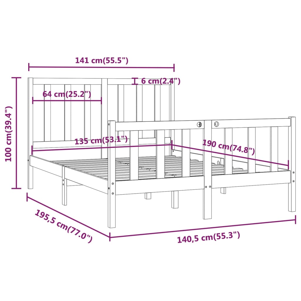 vidaXL Posteljni okvir črn iz trdnega lesa 135x190 cm