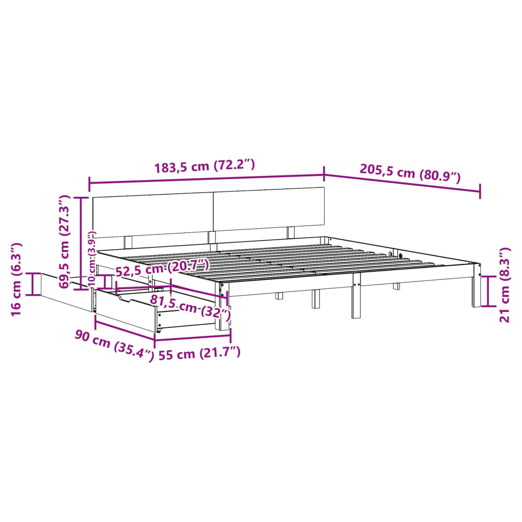 vidaXL Posteljni okvir s predali bel 180x200 cm trdna borovina