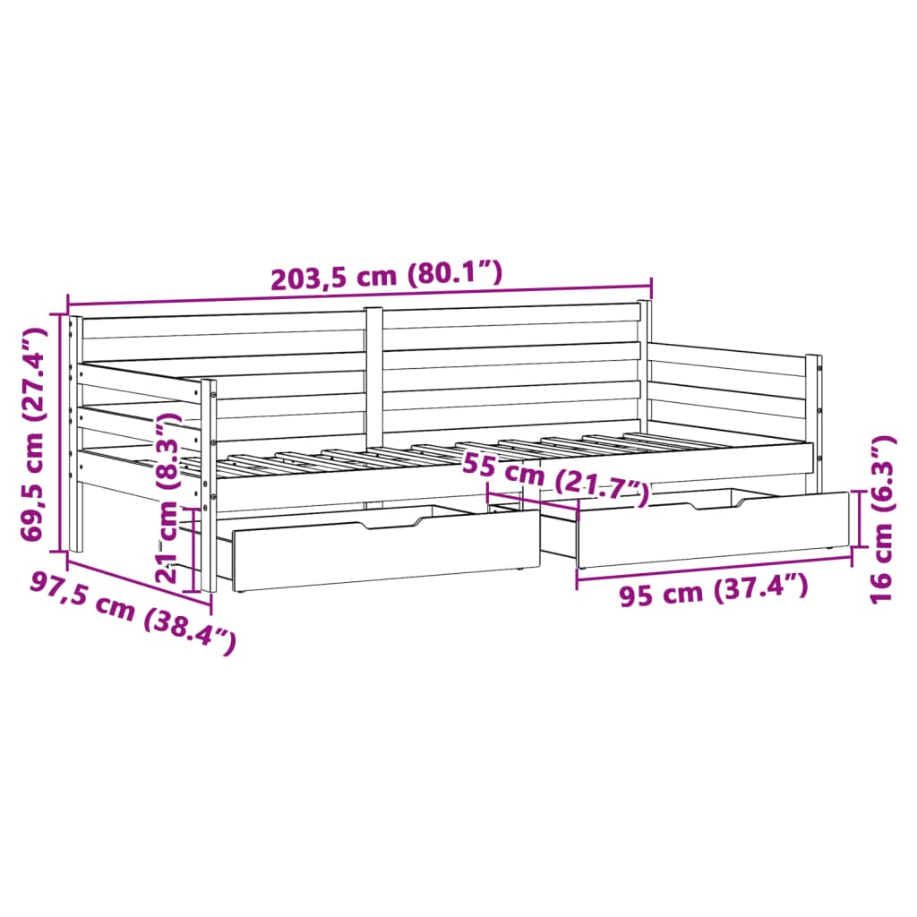 vidaXL Dnevna postelja s predali 90x200 cm trdna borovina