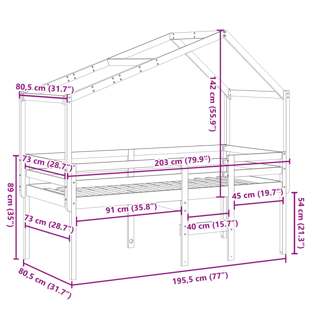 vidaXL Visoka postelja s streho 75x190 cm trdna borovina