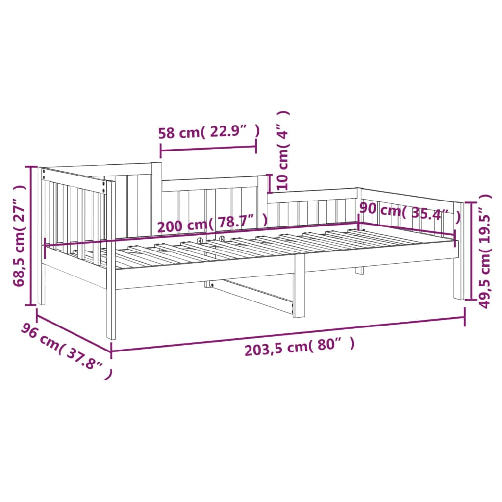 vidaXL Dnevna postelja črna 90x200 cm trdna borovina