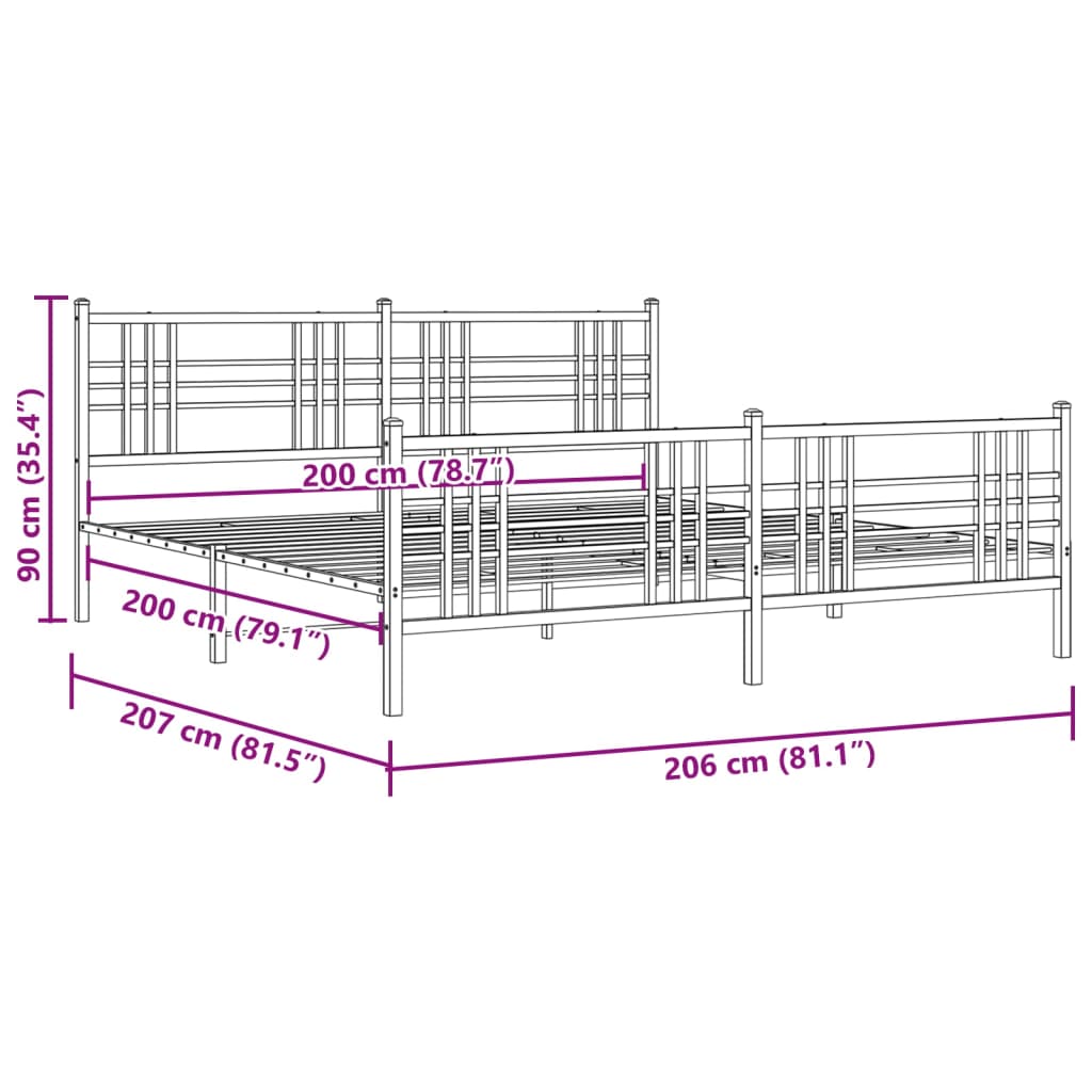 vidaXL Kovinski posteljni okvir z vzglavjem in vznožjem bel 200x200 cm