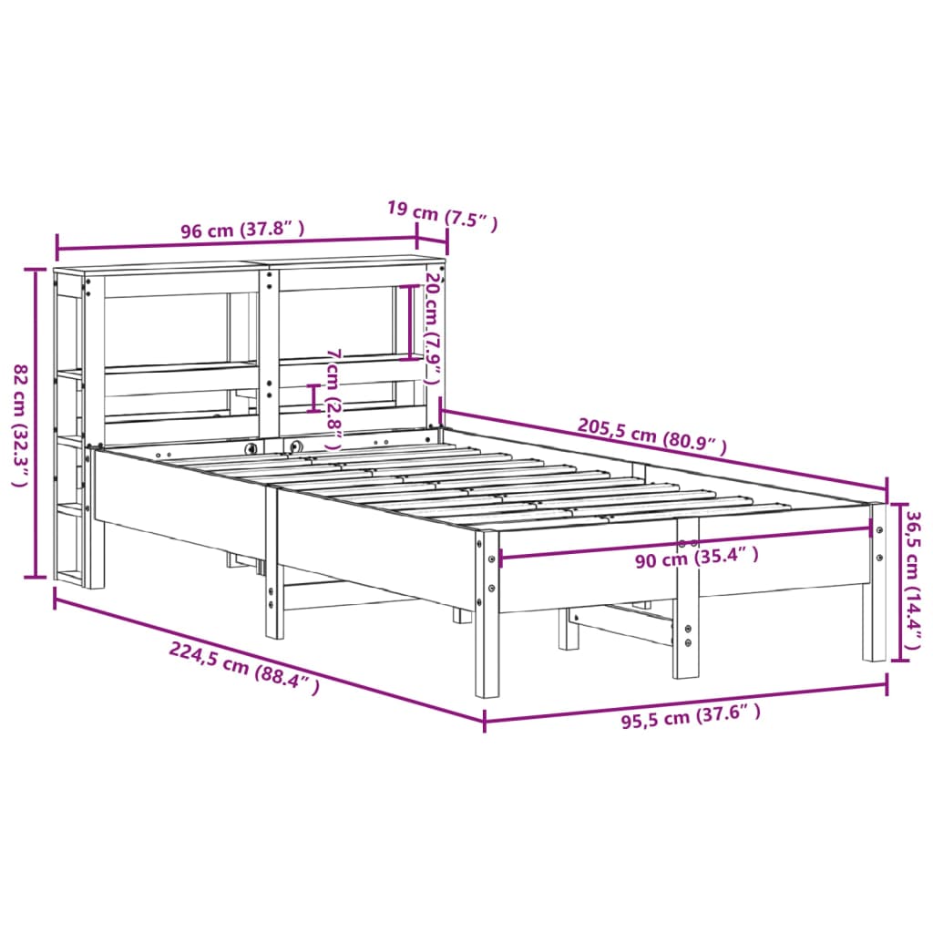 vidaXL Posteljni okvir brez vzmetnice bel 90x200 cm trdna borovina