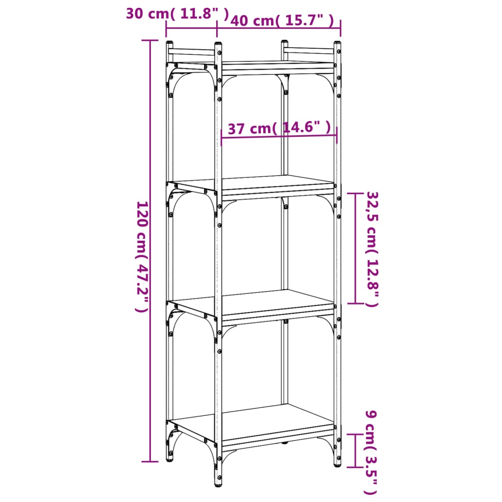 vidaXL Knjižna omara 4-nadstropna siva sonoma 40x30x120 cm inž. les