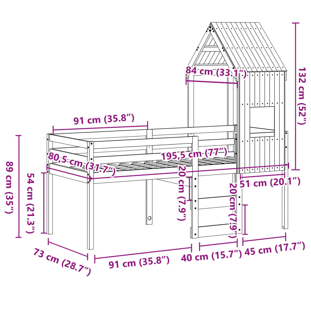 vidaXL Visoka postelja s streho bela 75x190 cm trdna borovina