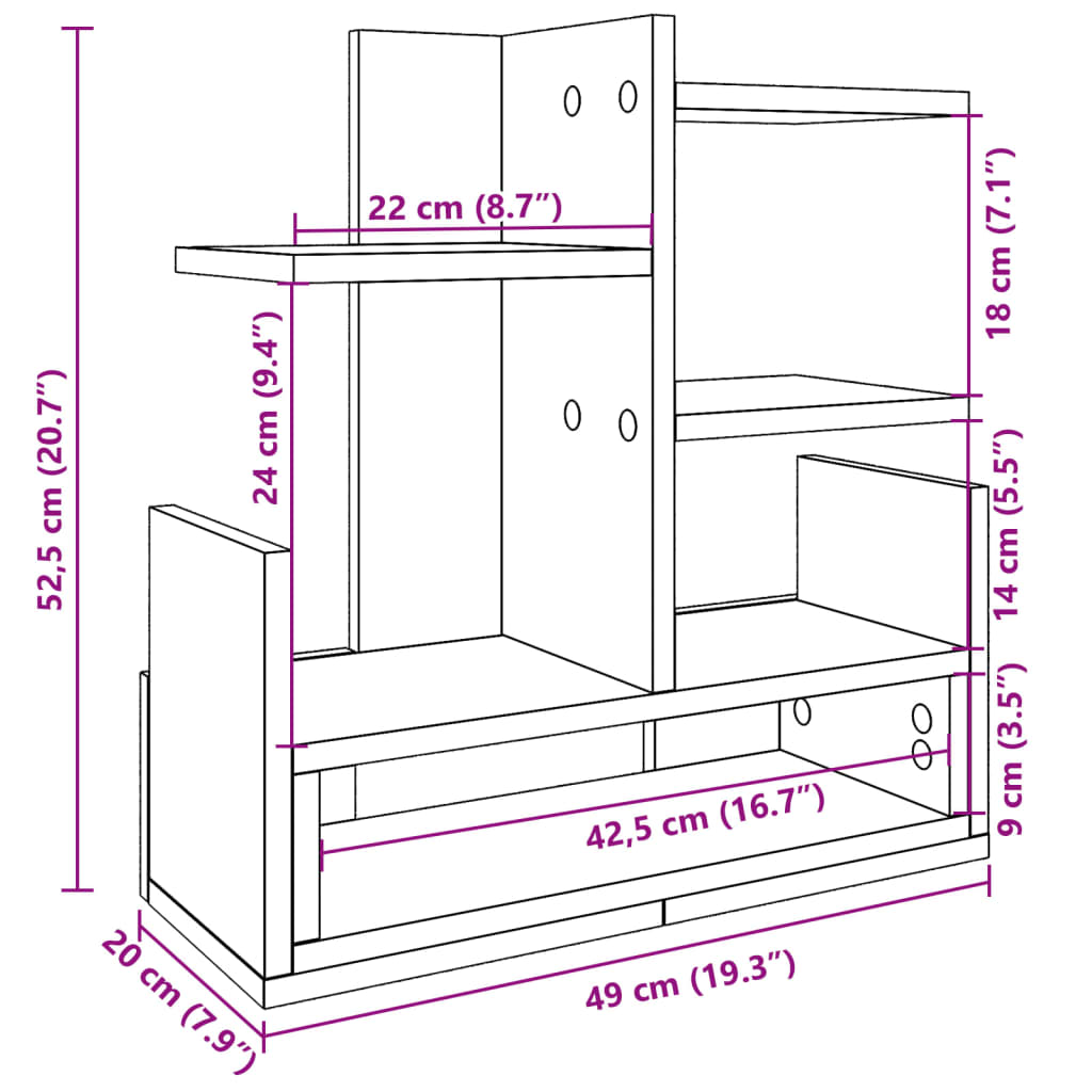 vidaXL Organizator za pisalno mizo siva sonoma 49x20x52,5 cm inž. les