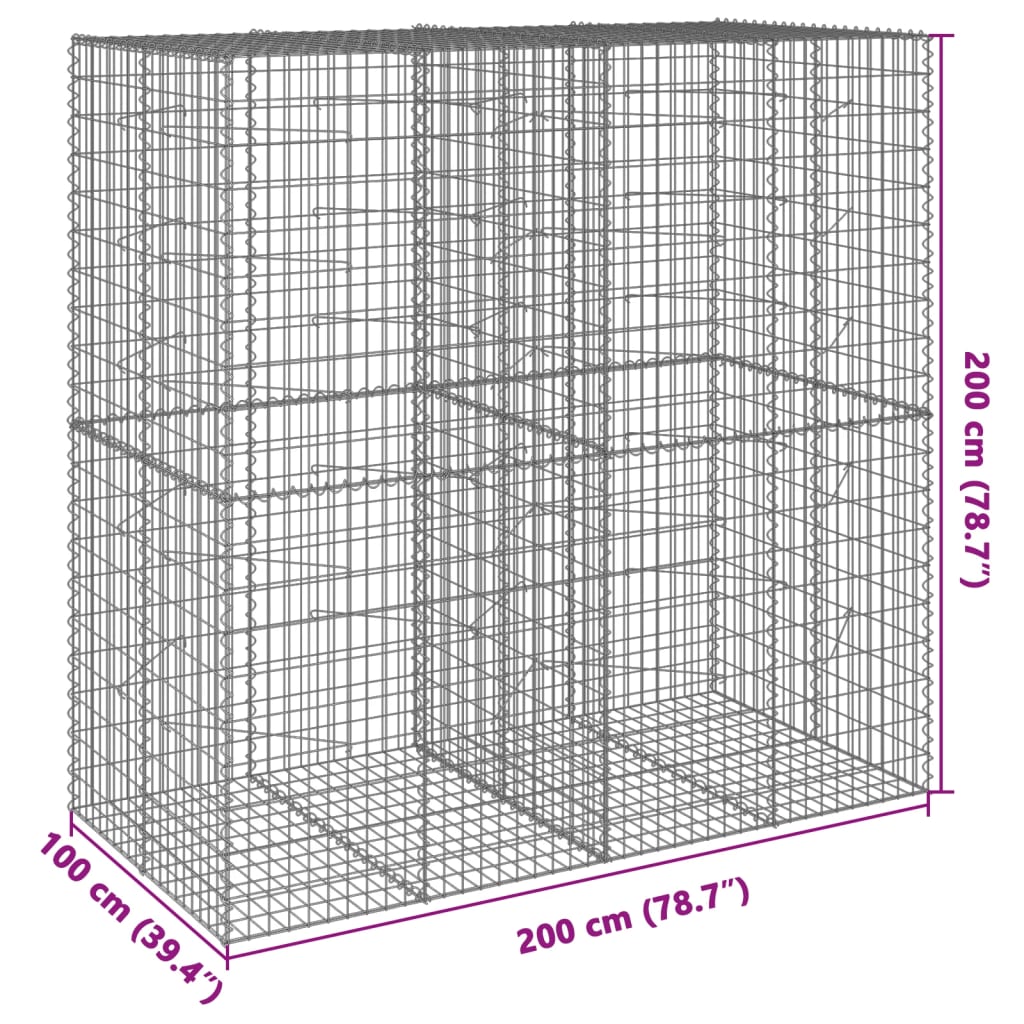 vidaXL Gabionska košara s pokrovom 200x100x200 cm pocinkano železo