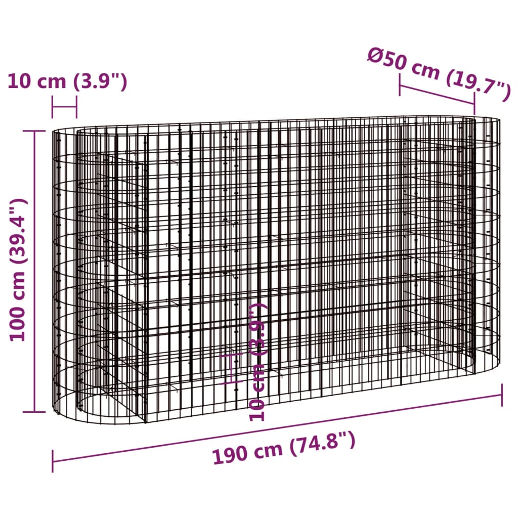 vidaXL Visoka greda gabion pocinkano železo 190x50x100 cm