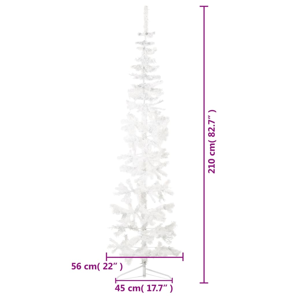 vidaXL Ozka umetna polovična novoletna jelka s stojalom bela 210 cm