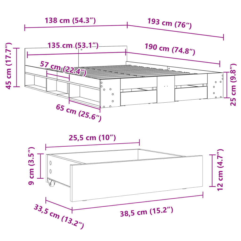 vidaXL Posteljni okvir s predali črn 135x190 cm inženirski les