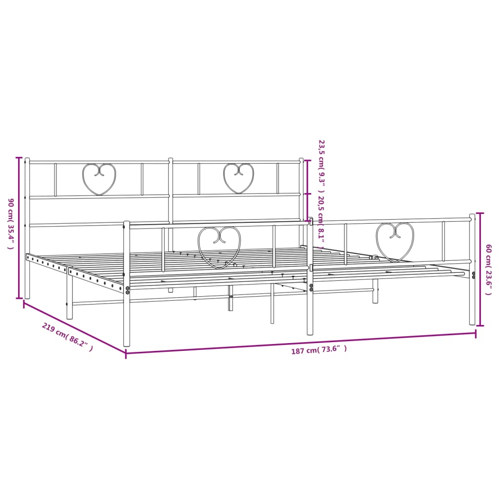 vidaXL Kovinski posteljni okvir z vzglavjem in vznožjem črn 183x213 cm