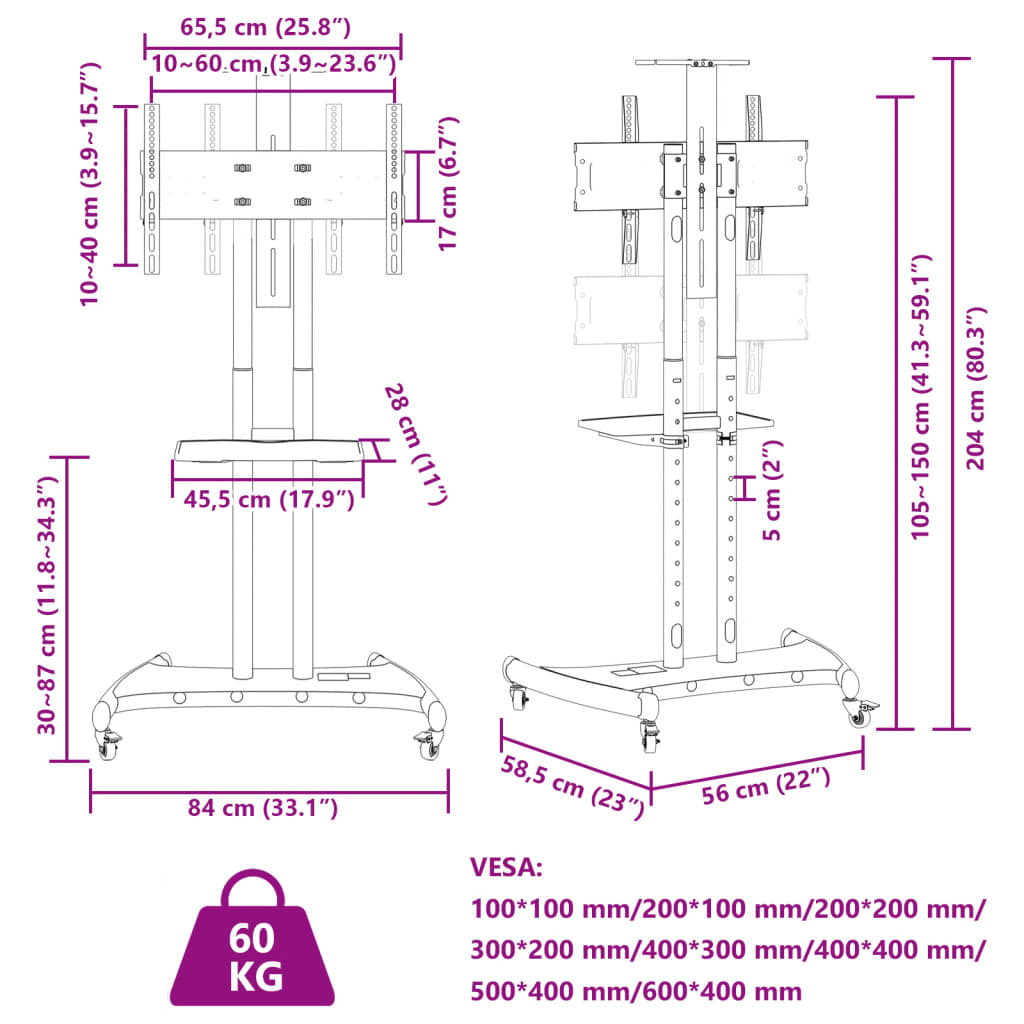 vidaXL TV stojalo na kolesih 32-70-palčni zaslon VESA 600x400 mm 60kg