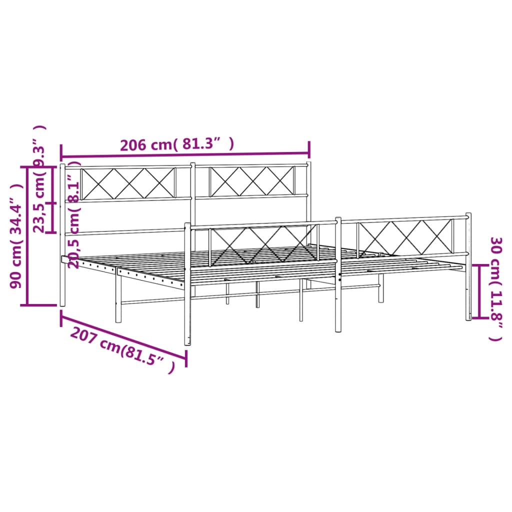 vidaXL Kovinski posteljni okvir z vzglavjem in vznožjem črn 200x200 cm