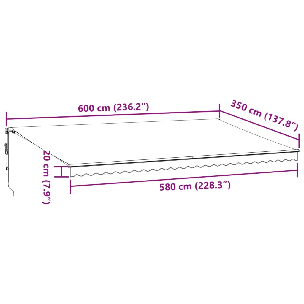 vidaXL Avtomatsko zložljiva tenda LED bordo 600x350 cm