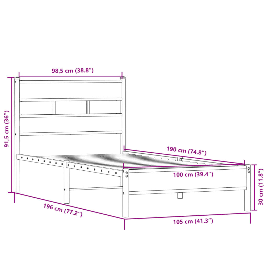 vidaXL Posteljni okvir brez vzmetnice hrast 100x190 cm inženirski les