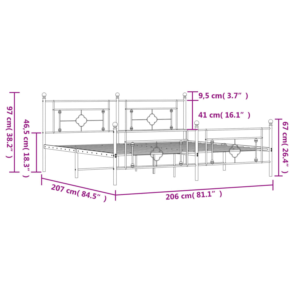 vidaXL Kovinski posteljni okvir z vzglavjem in vznožjem črn 200x200 cm