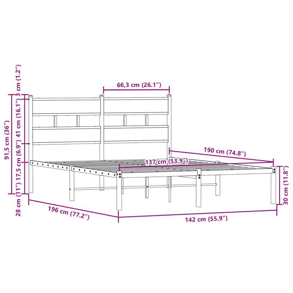 vidaXL Posteljni okvir brez vzmetnice z vzglavjem rjavi 137x190 cm