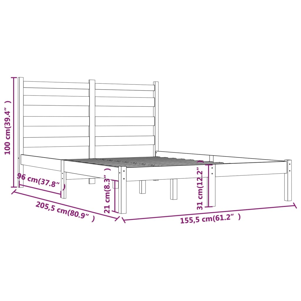 vidaXL Posteljni okvir črn iz trdne borovine 150x200 cm