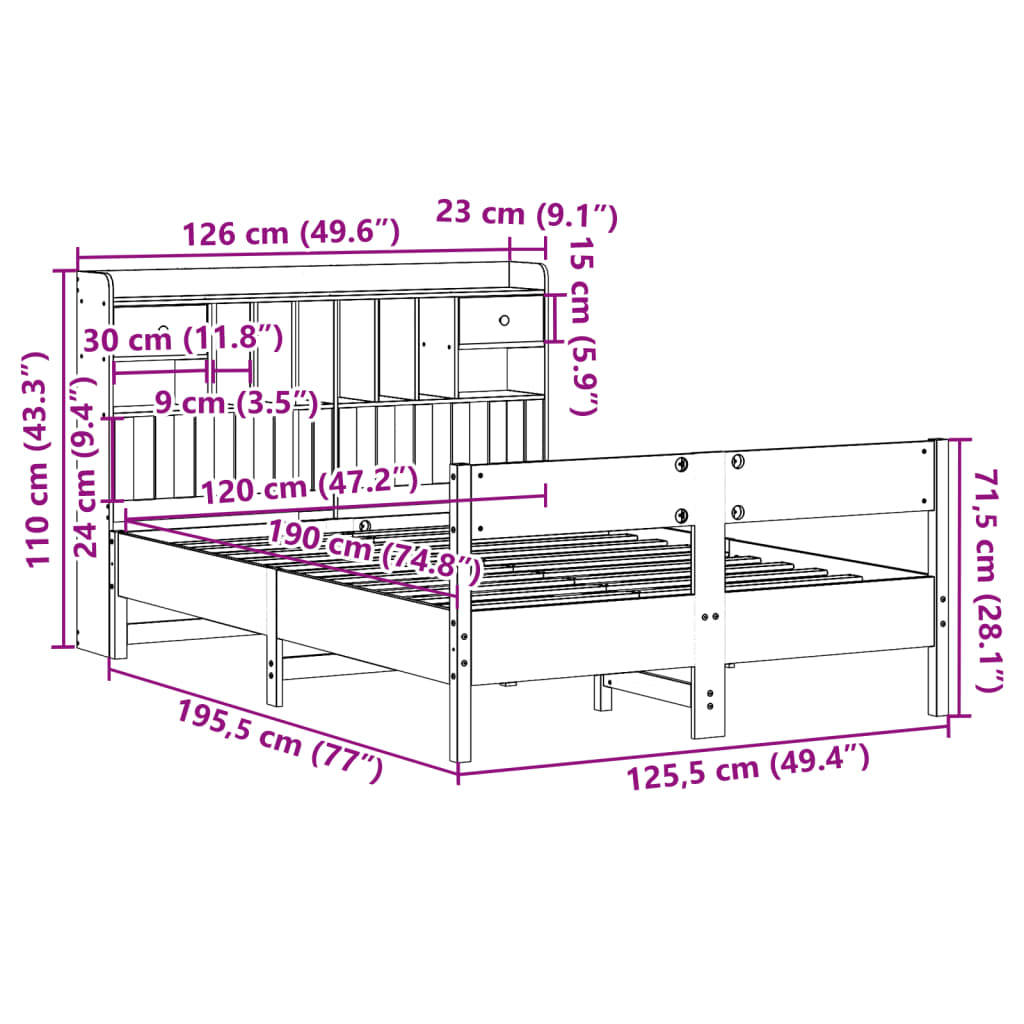 vidaXL Knjižna postelja brez ležišča bela 120x190 cm trdna borovina