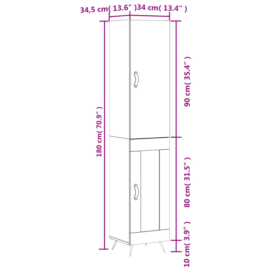 vidaXL Visoka omara visok sijaj bela 34,5x34x180 cm inženirski les