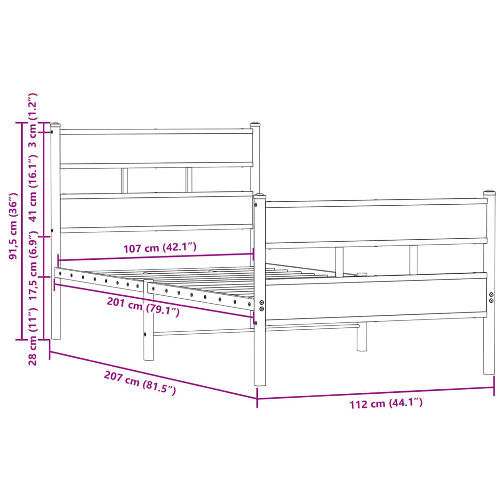 vidaXL Posteljni okvir brez vzmetnice z vzglavjem/vznožjem 107x203 cm