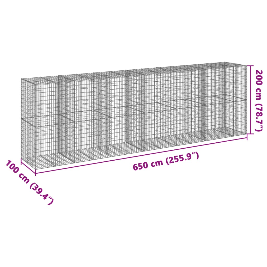 vidaXL Gabionska košara s pokrovom 650x100x200 cm pocinkano železo