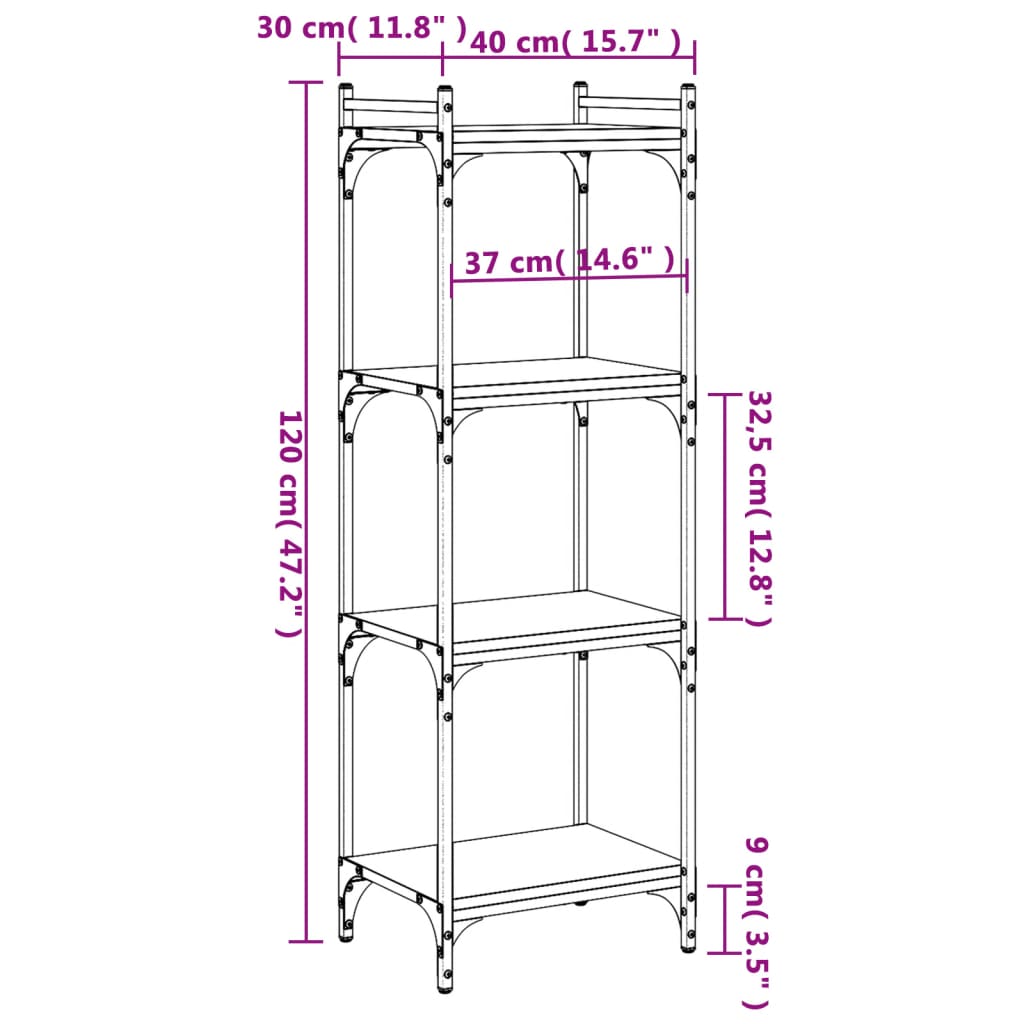 vidaXL Knjižna omara 4-nadstropna črna 40x30x120 cm inženirski les