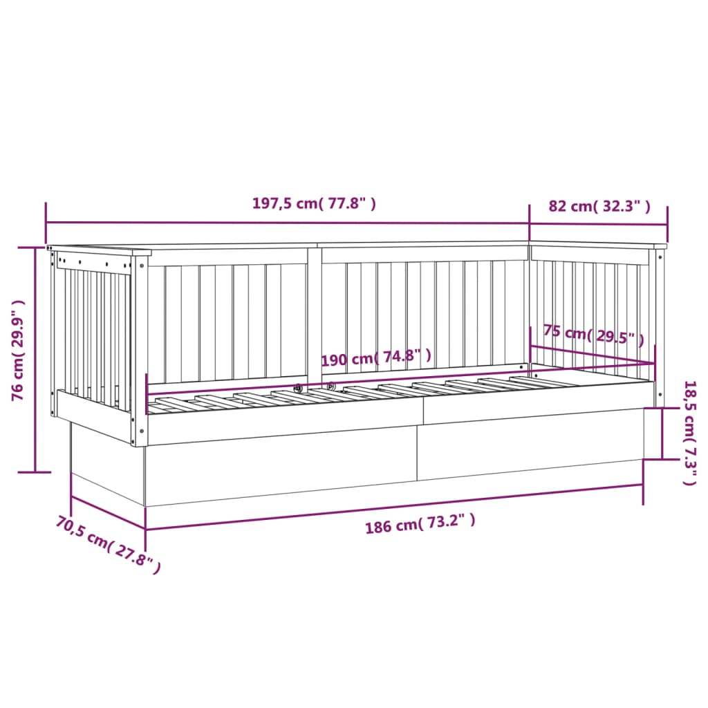 vidaXL Dnevna postelja siva 75x190 cm trdna borovina