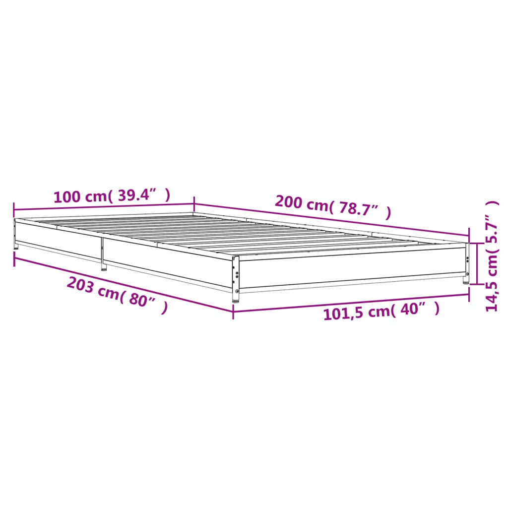 vidaXL Posteljni okvir siva sonoma 100x200 cm inž. les in kovina