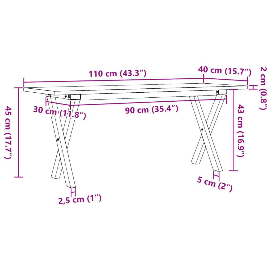 vidaXL Klubska mizica X okvir 110x40x45 cm trdna borovina lito železo